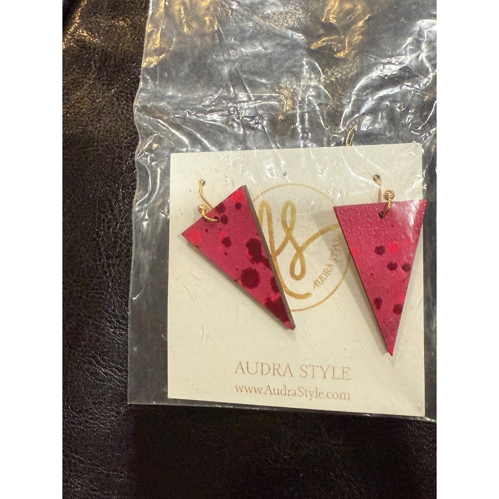 Audra Style Triangle Earrings Red Speckled Wood Handmade‎ Unique Statement